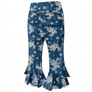 Slim Factor Capri Pants Flare Ruffle M Blue White Floral Boho Cottagecore‎ FLAW